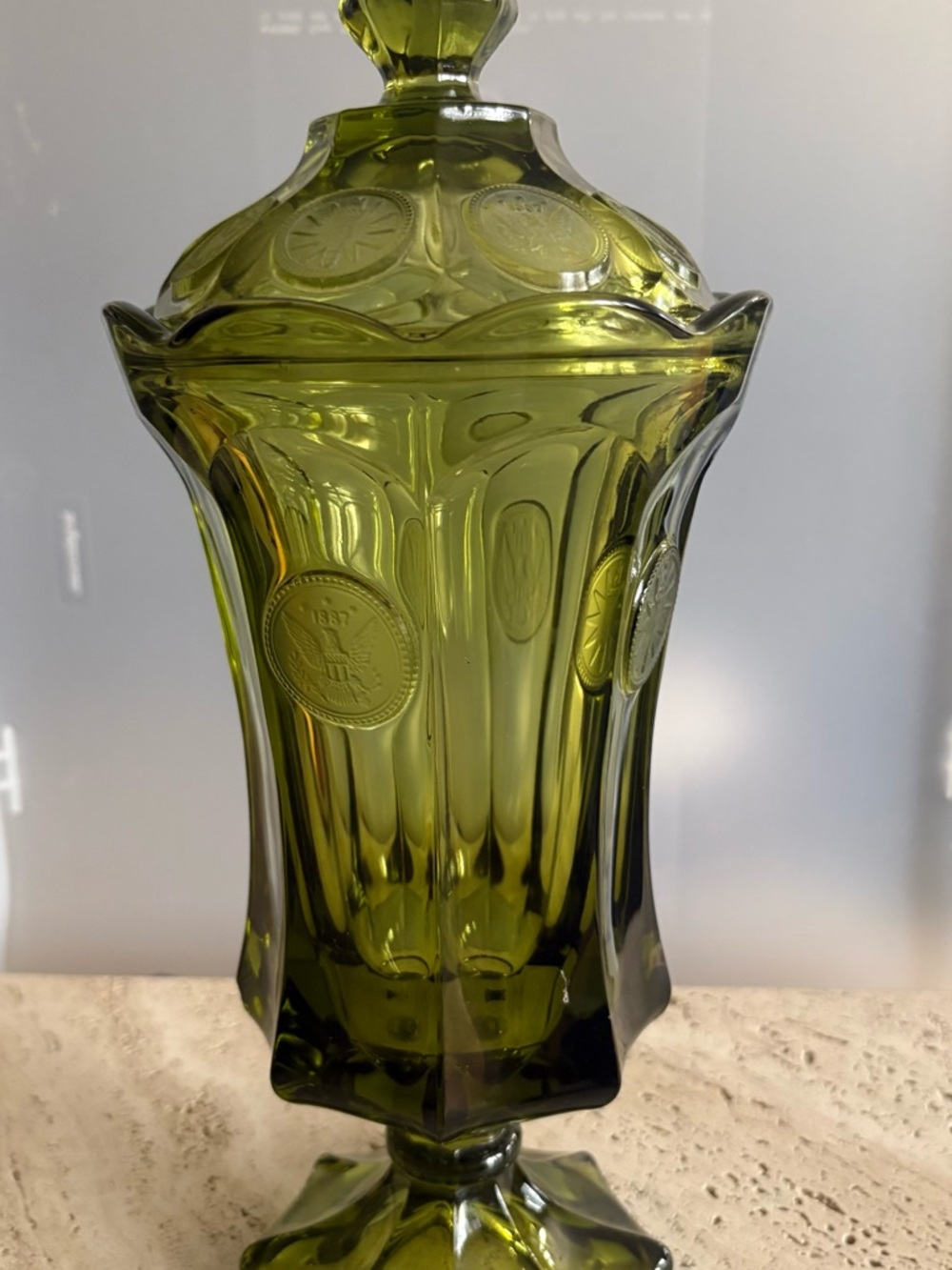 Source Unknown Olive Green Pressed Glass Lidded Pedestal Urn